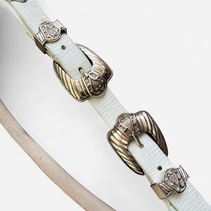 Vintage 90s white leather and silver tone double buckle western belt